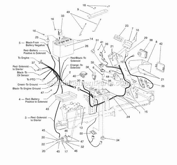 Battery, Electrical Components And Switches Diagram and Parts List for Z42 53AC305G100 Cub Cadet Lawn Mower
